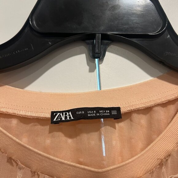 Zara Salmon Pink Balloon Sleeve Feather Blouse Women’s Size S - Picture 2 of 7